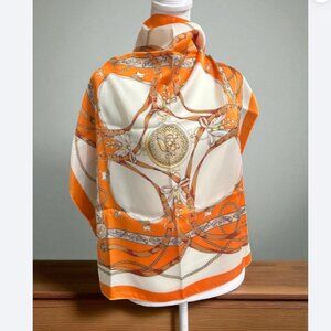 Luxury Orange & White Scarf With Golden Chain Print 27 x 27 inch